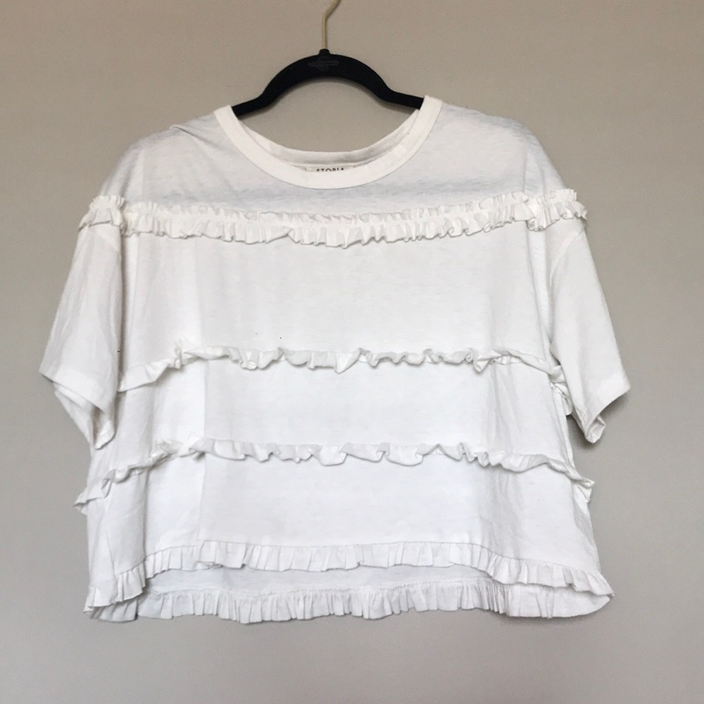 Storia White Ruffled Short Sleeve Top Sz Small
